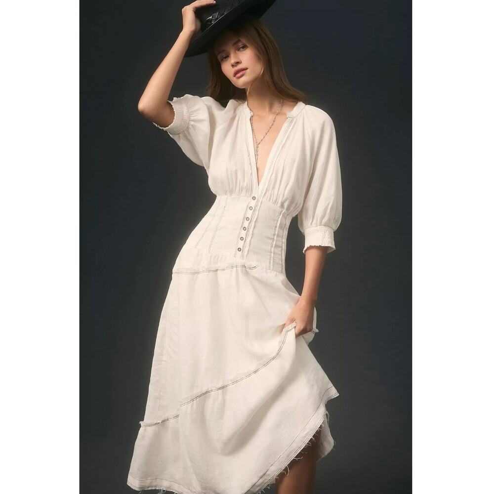 Anthropologie Ethereal Bohemian Linen Corset Midi Shirt Dress White Size Large - Picture 9 of 15